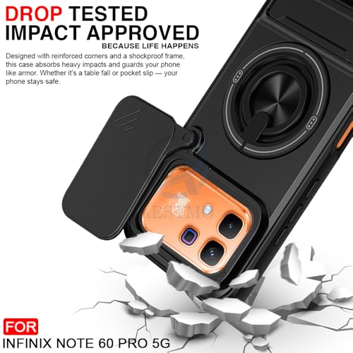Image of AESTMO Infinix Note 60 Pro 5G Back Cover | Armor Camera Slider 360 Degree Rotating Finger Ring Holder Case with Bracket Stand Back Case Cover (Compatible with MagSafe Accessories) (Black)