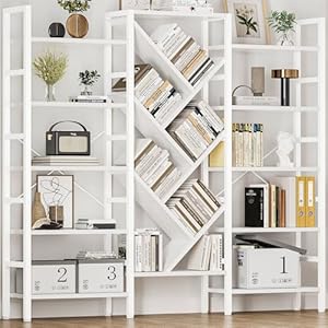 INNOD 70″ Triple 5 Tier Book Shelf, Large Wooden Bookcase with 17 Open Display Shelf, Modern Tree Bookshelf Metal Frame Tall Bookshelf Furniture for Living Room Bedroom Home Office White