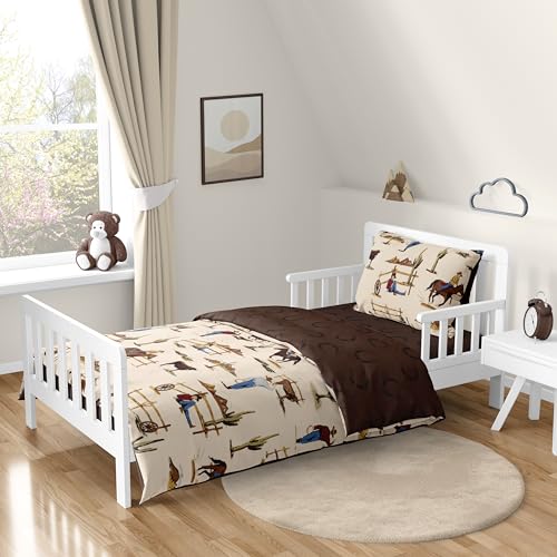 Image of Sweet Jojo Designs Brown Western Cowboy Boy Toddler Bedding Set Kids Children 5p Bed in a Bag with Comforter Blanket Pillowcase Sham Sheets Wild West Horseshoe Horse Cow Animal Desert Tan Red and Blue