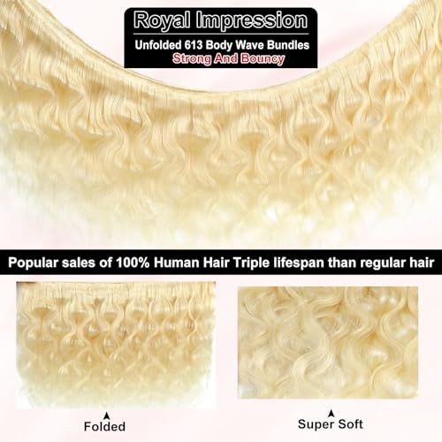Image of 613 Bundles Human Hair 14 Inch 100% Real Human Hair Blonde Body Wave Bundles Human Hair No Synthetic Blend No Tangle No Shedding 3X Longer Lifespan 16A Brazilian Virgin Hair 613 Body Wave One Bundle