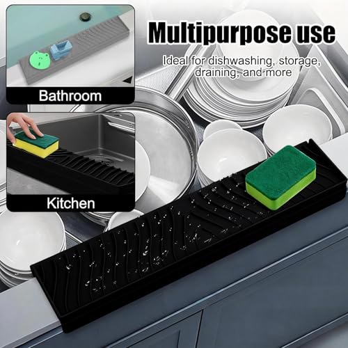 Image of Silicone Sink Splash Guard for Kitchen Basin (20in X 7.4in), Cuttable Silicone Sink Edge Protector & Countertop Cover, Prevents Splashes, for Kitchen Counter (Black)
