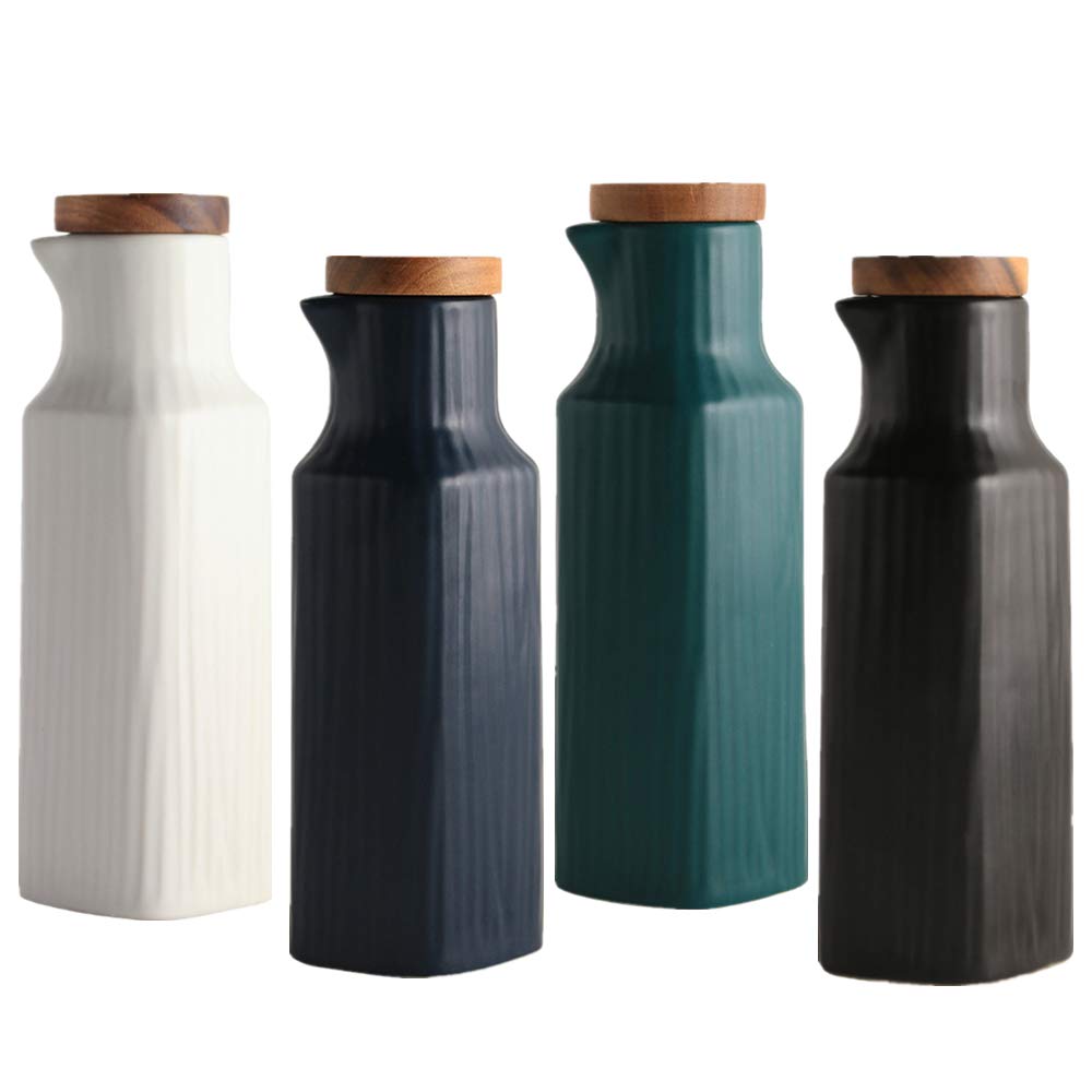 Onepine White + Black + Blue + Green 4Pcs Ceramic Oil Dispenser Bottle Set, Oil Bottle Cruets No Drip, Olive Oil Dispenser, Condiment Container With Lid