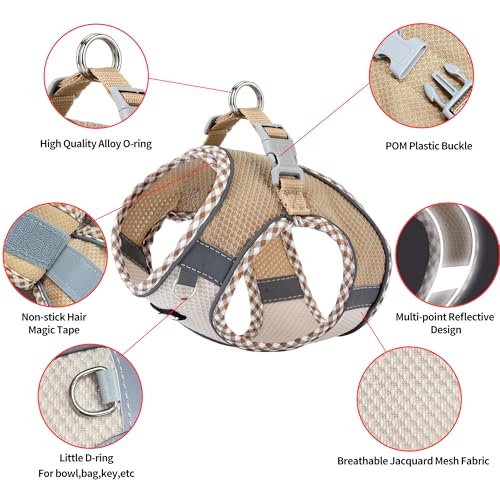 AIITLE Kleines Hundegeschirr, Katzengeschirr mit Leine, einstellbares Hundegeschirr mit Schnellverschluss, reflektierende Weste für extra kleine Hunde und Hauskatzen Braun-Beige XXS