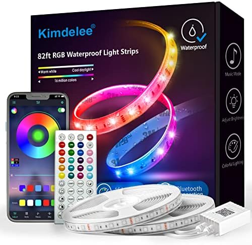Kimdelee 82ft Outdoor Led Strip Lights, 12v Smart RGB Led Strip Lights Waterproof 5050 Color Changing Bluetooth Music Sync App Remote Controller, Outdoor Rope Lights