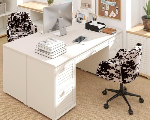 Image of Modern Swivel Home Office Desk Chairs with Wheels and Arms Set of 2, Cow Print Velvet Height Adjustable Comfortable Ergonomic Desk Chairs, Wide Cute Cowhide Computer Armchairs for Living Room Home