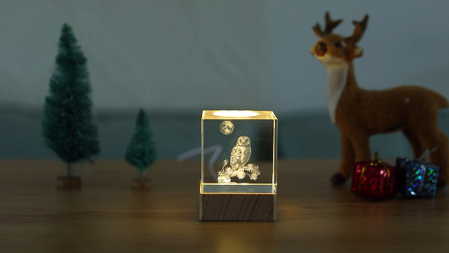 Image of LONGWIN Owl Gifts for Owl Lovers Women, 3D Led Night Light 50mm Cube, Glass Laser Engraved Animal Figurines Home Decor Birthday, Valentines Day, Mothers Day Gift