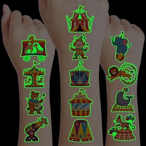 Image of 96 PCS Glow in the Dark Temporary Tattoos for Kids - Carnival Circus Clown | Animal Popcorn Fake Tattoos | Luminous Waterproof Stickers for Birthday Party Favors, Supplies & Decorations (Boys & Girls)