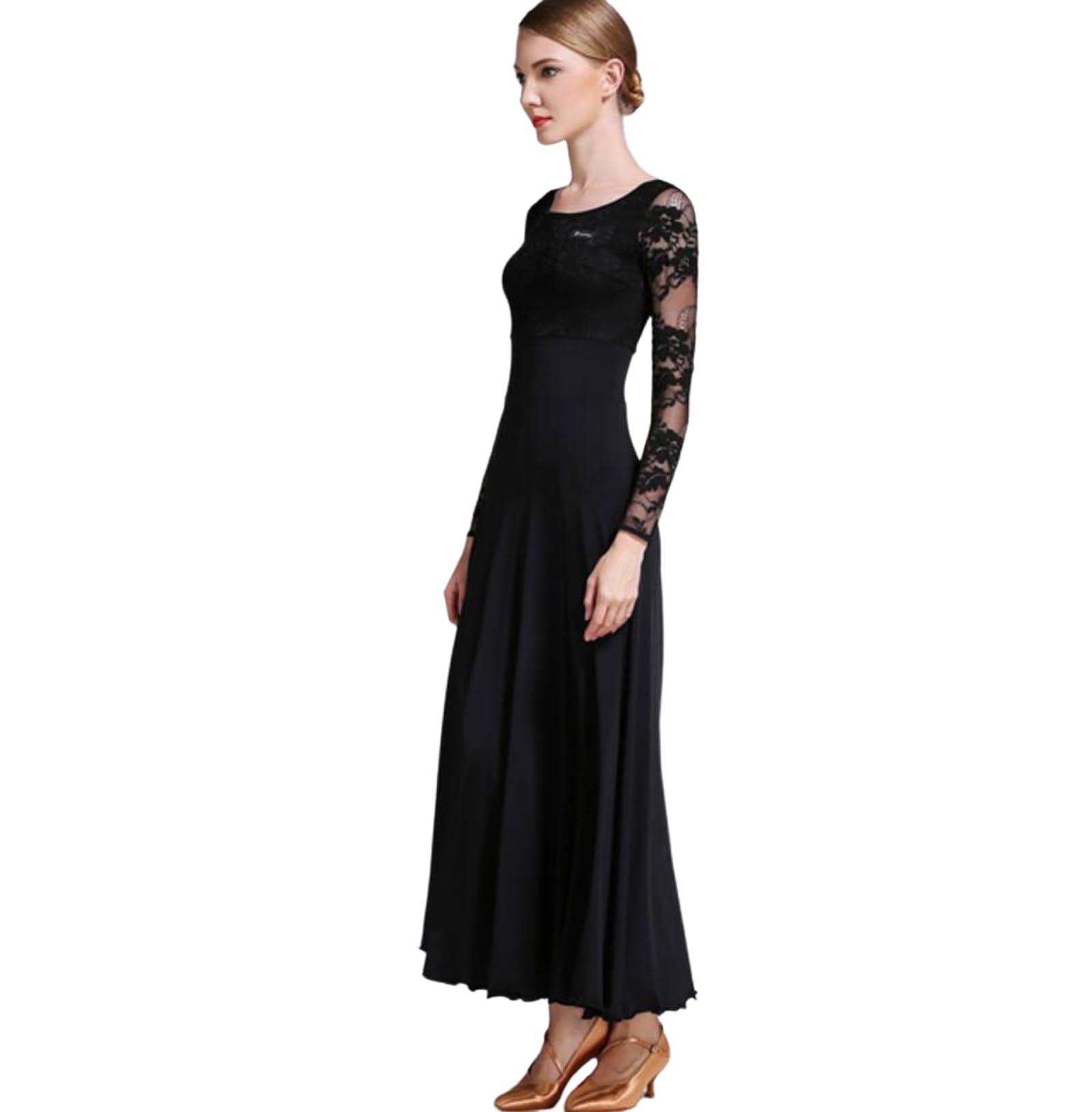 OTMYIGO Woman lace Ballroom Dance Dress Long Sleeves Waltz Tango Dance Dresses Standard Ballroom Competition Dress,Black,S