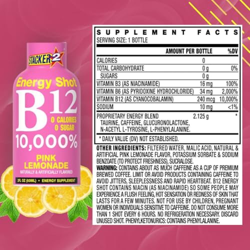 Image of Vitamin B Complex B12 B6 B3 Liquid Energy Shots Pink Lemonade Cyanocobalamin, 10,000% DRV - B-6 Pyridoxine 40mg - B3 Niacinamide, (2oz Pack of 36)
