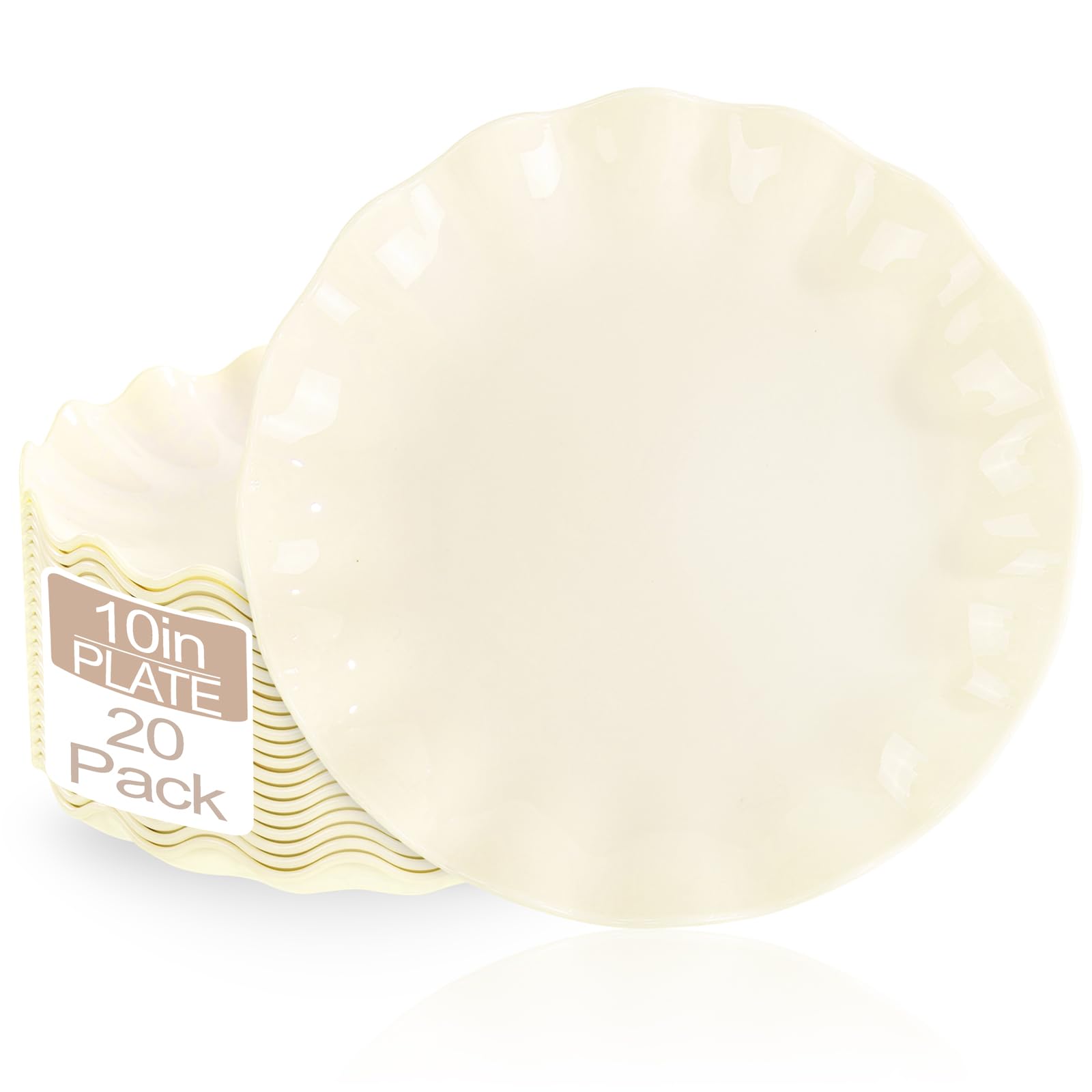 LIYH Beige Plastic Plates, 20 Pieces, Reusable, Unbreakable, Scalloped, Microwave & Dishwasher Safe