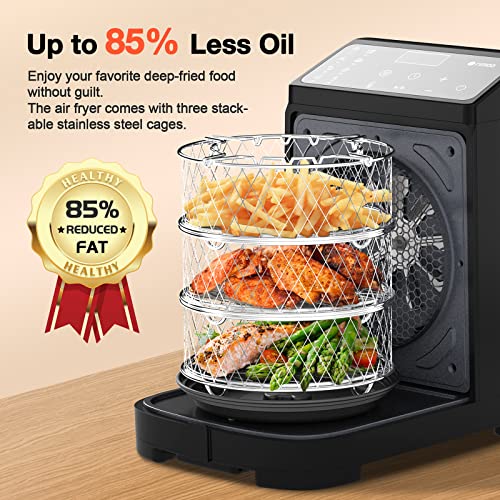 Rimoo Air Fryer, 6.5 Quart 10 In 1 Air Fryer Oven With Visible Glass Window, Lcd Digital Control, 1200W Non Toxic Air Fryer With Fully Open Design, Aluminum Cover, 3 Stackable Cages, Dishwasher Safe #TOP6