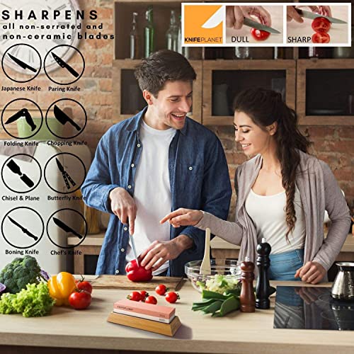 Image of KNIFEPLANET Sharpening Stone Set 400 /1000 and 3000 /8000-Grit Professional, Safe Knife Sharpener Set Whetstone Set Includes Flattening Stone, Bamboo Base, and 2 Nonslip Rubber Bases