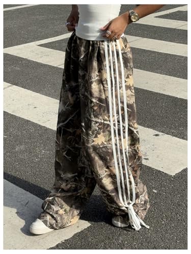 OYOANGLE Women's Graphic Print Striped Bow Tie Side Pants Elastic High Waist Wide Leg Baggy Y2K Trousers3