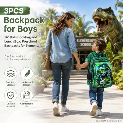 Image of 3Pcs Boys Backpack, 16 inch Dinosaur Bookbag for Elementary Preschool Kindergarten, Dino Kids School Backpacks with Lunch Box(Green)