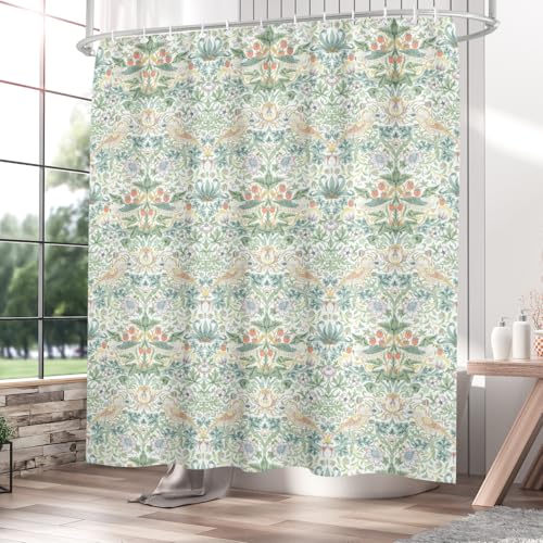 Orlco Art William Morris Botanical Shower Curtain Vintage Spring Floral Bathroom Decor Boho Nature Plant Green Herbs Shower Curtain Design with Hooks 72 x 72 Inches
