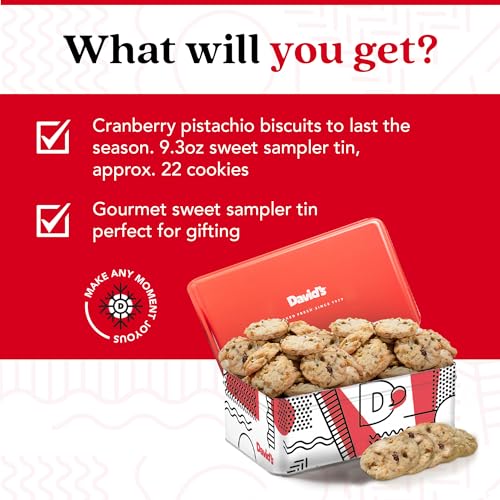 David's Cookies Cranberry Pistachio Biscuits Sweet Sampler Tin - Irresistible Crunch, Snacks And Bakery Treats - Ideal for Snacking And Gifting - Delicious Gourmet Food Gift For All Occasions 9.3oz - Image 3