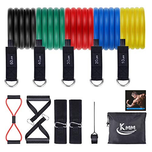 KMM Resistance Bands Set 12pcs, Exercise Bands Figure 8 Resistance Band with Door Anchor, Handles, Ankle Straps, Stackable Up to 150 lbs for Resistant Training, Physical Therapy, Home Workout
