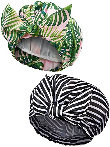 2 Gorros de Ducha de Mujer, Gorro de Pelo de Baño Reutilizable Impermeable Gorro Turbante con Dobladillo Elástico para Pelo Largo, Corto y Rizado (Hoja de Palmera y Raya)