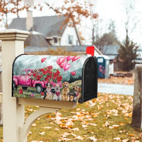Image of Happy Valentines Day Mailbox Cover Magnetic Valentine Truck Dog Flowers Mailbox Wrap Post Cover Large Size 25.5x21 Inch for Garden Yard Outdoor Outside Patio Wedding Holiday Decor