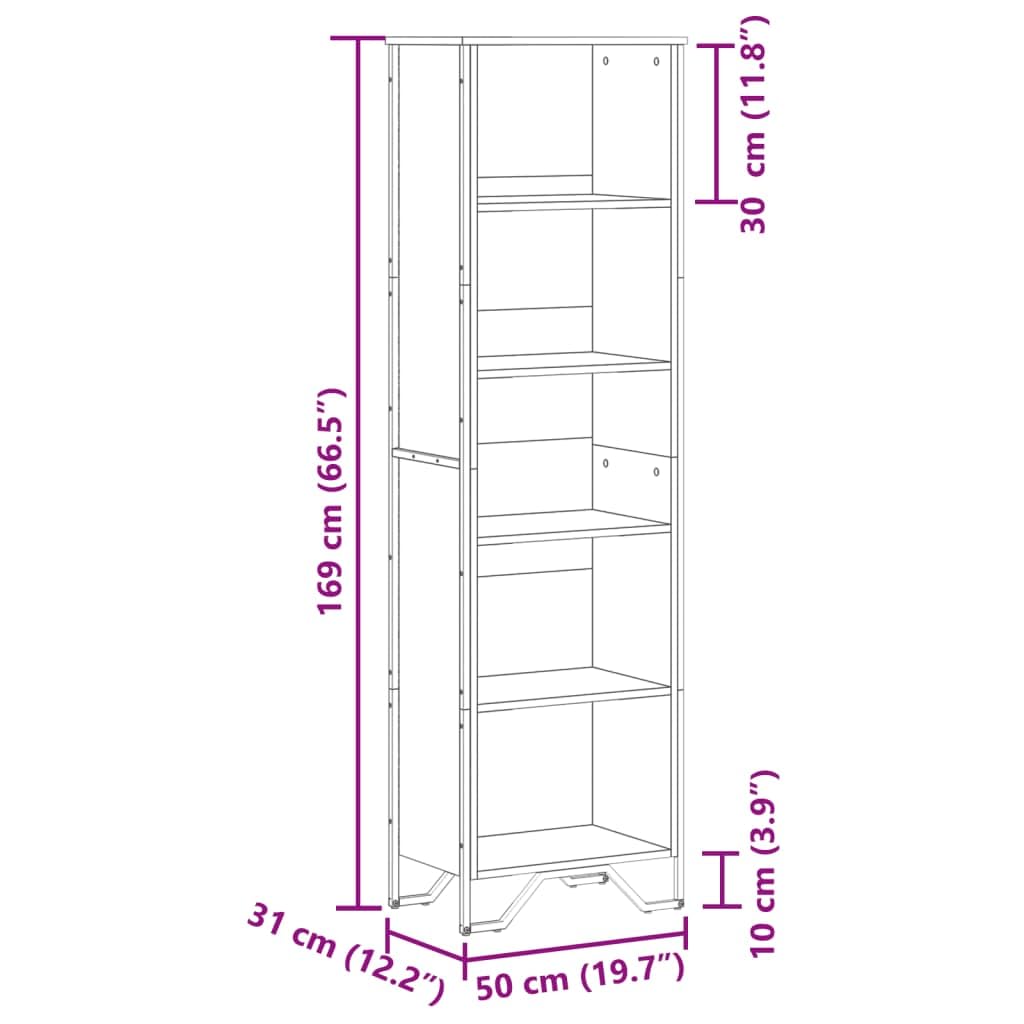 Scaffale marrone effetto rovere, 50 x 31 x 169 cm, con 5 scomparti | Libreria sottile con 5 scomparti aperti e robusti piedini in metallo per soggiorno e ufficio.