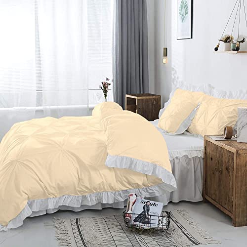 Image of 300 TC Pinch Ruffle 2 Tone Duvet /Razai /Blanket Cover with 2 Pillow Cover- 100% Cotton (Zipper Closure) Razai Cover 3 PC Set, Soft & Lightweight-Double Size White /Ivory