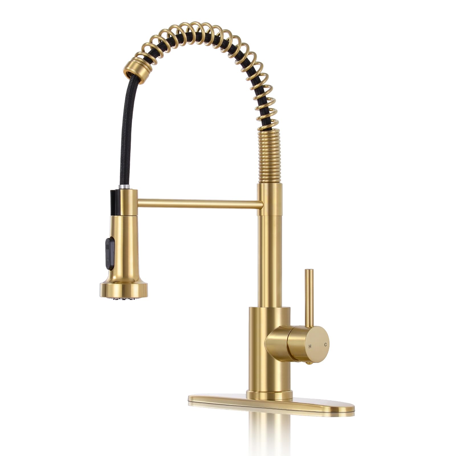 DJS Kitchen Faucets with Pull Down Sprayer Brushed Gold High Arc Single Handle 1 or 3 Holes Spring Kitchen Sink Faucet with Deck Plate for Farmhouse RV Vessel Basin