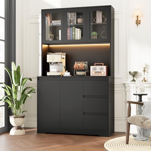 FINETONES 71 Kitchen Pantry Cabinet with LED Lights and Charging Station Modern Kitchen Cabinet Hutch Cabinet with Storage and Microwave Stand Pantry Cabinet Buffet Cabinet with Countertop Black