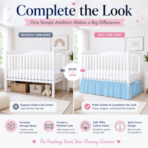 Image of Cotton Crib Bed Skirt Dust Ruffle with Split Corners, 14 inch Drop, Light Blue | Nursery Standard Crib Bedding Bed Skirt for Baby Boys and Baby Girls. Hides Under-Crib Storage for a Neat Appearance