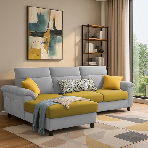 Image of Casaliving Seams LHS 4 Seater L Shape Sofa for Living Room (Yellow Grey Fabric) Premium Fabric Sofa