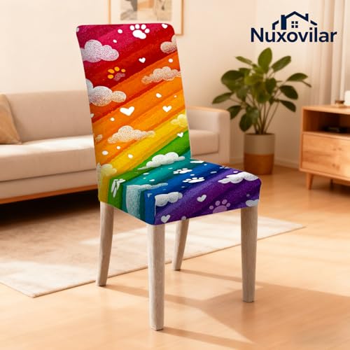 Image of Nuxovilar Rainbow Cloud Paw Print Stretch 23.6x70in 2PCS Chair Covers | Stretch Slipcover Cute Protector Stripe Wrap Seat Guard Dining Room Kids Bedroom Pet Cafe (Rainbow Paw)