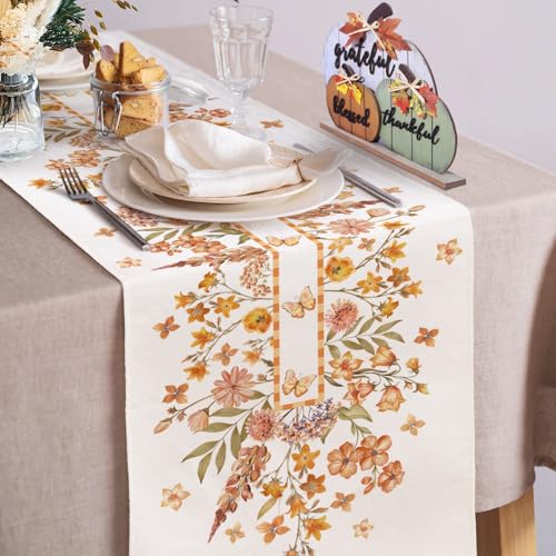 Image of Fall Floral Butterfly Table Runner Wildflower Burlap Table Runners, Autumn Harvest Thanksgiving Seasonal Coffee Table Center Decor for Home Kitchen Dining Party Indoor Outdoor 13x90 Inch