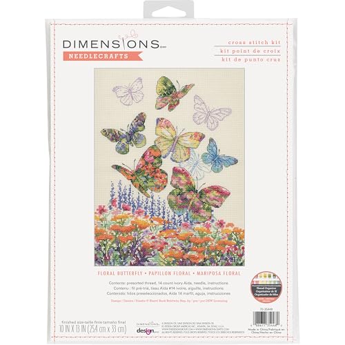 Image of Dimensions 70-35448 Floral Butterfly Counted Cross Stitch Kit, 10 inch x 13 inch, 14 Cnt. Ivory Aida, 4 Pieces