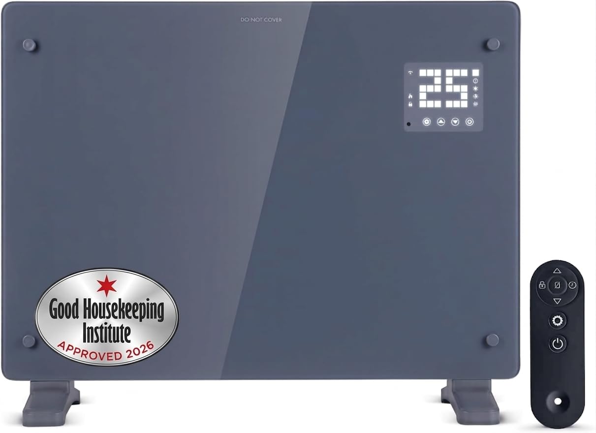 Devola Wifi Enabled Smart Electric Glass Panel Heater 1000W | Wall Mounted Radiator & Free Standing Low Energy Heater, Works With Alexa | Lot 20 complaint, DVPW1000G (Grey) (1000, Watts) — image 1
