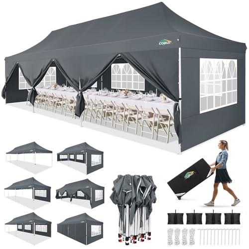 Image of COBIZI 10x30 Pop up Canopy Tent for Parties, Roller Bag,8 Walls,4 Sandbags