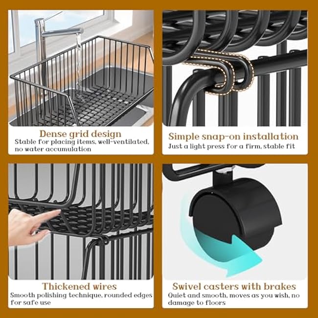 Stackable Metal Storage Cart Utility Cart on Wheels Fruit Vegetable Storage Basket Snack Rack Multi-Layer Shelf Countertop Organizer Kitchen, Bathroom, Living Room, Office Organization-KkuNG93s