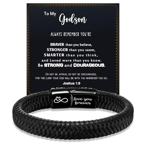 Btysun Easter Basket Essentials Godson Gifts Leather Bracelets for Men Cuff Black Braided Bracelet Godson Gifts from Godmother Christian Faith Religious Jewelry