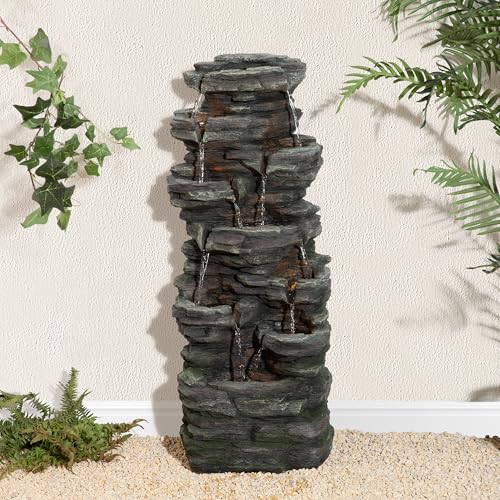 Image of Glitzhome Outdoor Water Fountain, 9-Tiered Rock Floor Fountain with Cascading Water, 39.25 inch H Polyresin Waterfall Fountain with Pump and LED Light Outdoor Water Feature for Garden Yard Patio Porch