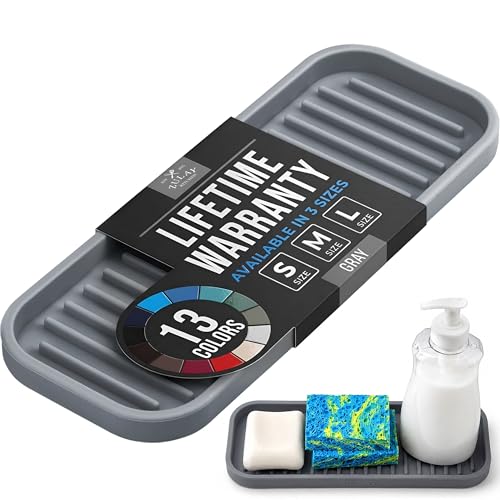 Zulay Kitchen (9x3.5in Sponge Holder for Kitchen Sink - Flexible Heavy-duty Multipurpose Sink Caddy - Counter Organizer for Kitchen Bathroom Makeup Trinkets & More! (Grey)