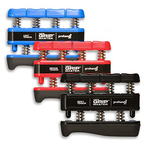PROHANDS Gripmaster Hand Exerciser Finger Exerciser (Hand Grip Strengthener) Spring-Loaded Finger-Piston System Isolate and Exercise Each Finger (Set of 3) (Blue Red Black)