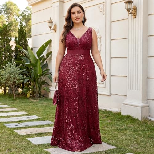 Image of Plus Size Formal Dresses for Women with Embroidery Sequin and V-Neck, A-Line Maxi Dress for Wedding and Cocktail