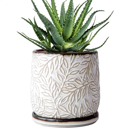 D'vine Dev Embossed Leaves Ceramic Planter, 6 in, Smoked White, 27-A-X-1