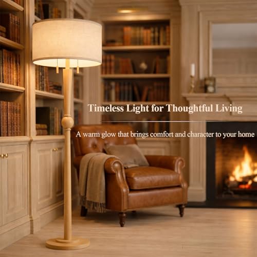 Image of MOFFE Solid Wood Floor Lamp for Living Room with Wooden Pull Chains | 62.8 inch Tall,Sculptural Wood Base & Stem,17 inch Linen Drum Shade,2-Light Standing Lamp for Bedroom & Reading Corner,Bulbs Included