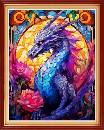 Image of Magxvouy Cross Stitch Kits Stamped Full Range of Embroidery Kits,Cross Stitch Patterns Needlework Kits for Beginners 11CT Printed Kits&Colorful Flower Dragon 16x20 inch