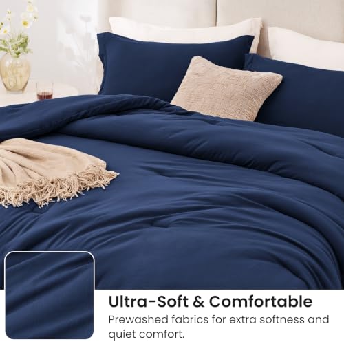 Image of Love's cabin Dark Blue Queen Comforter Set, 3-Piece Prewashed Bed Set with 1 Comforter (90 x 90 in) & 2 Pillowcases, Lightweight & Breathable for All Seasons