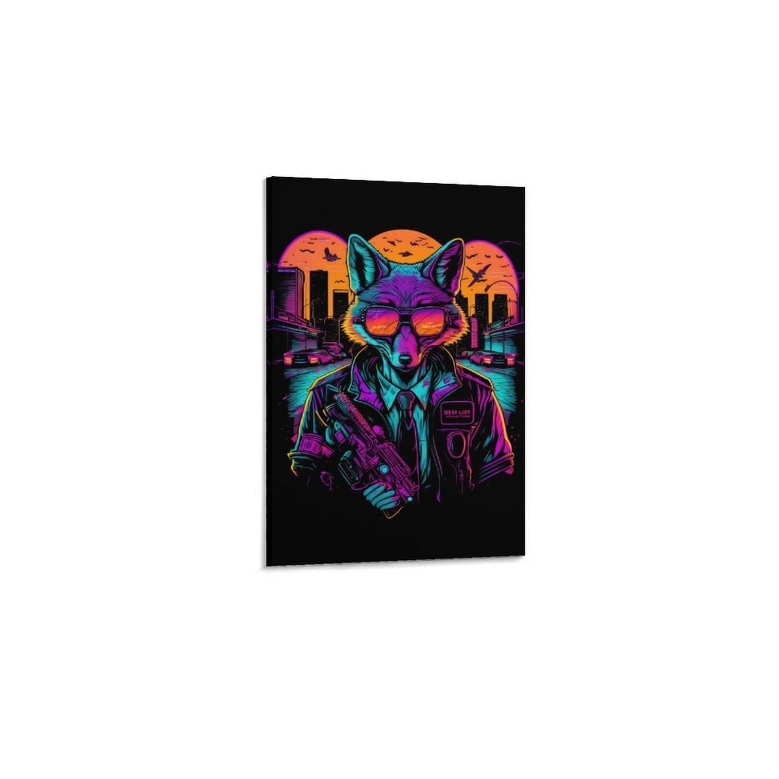 Junmoney Tableau Décoratif Avec Cyberfox in Neon Cityscape Pour Le Séjour Et La Chambre, Décoration Intérieure Pour La Maison, 16x24inch(40x60cm)