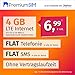Produktbild PremiumSIM Handyvertrag LTE S - ohne Vertragslaufzeit (FLAT Internet 4 GB LTE mit max. 50 MBit/s mit deaktiverbarer Datenautomatik, FLAT Telefonie, FLAT SMS und EU-Ausland, 6,99 Euro/Monat)