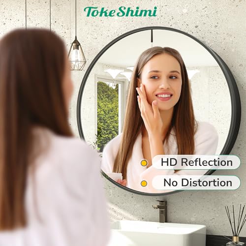 Image of TokeShimi 24 x 24 Round Medicine Cabinet with Mirror, Black Medicine Cabinet, Circle Bathroom Mirror with Storage, Shatterproof with Metal Frame, Detachable Shelves, Wall Mounted Only