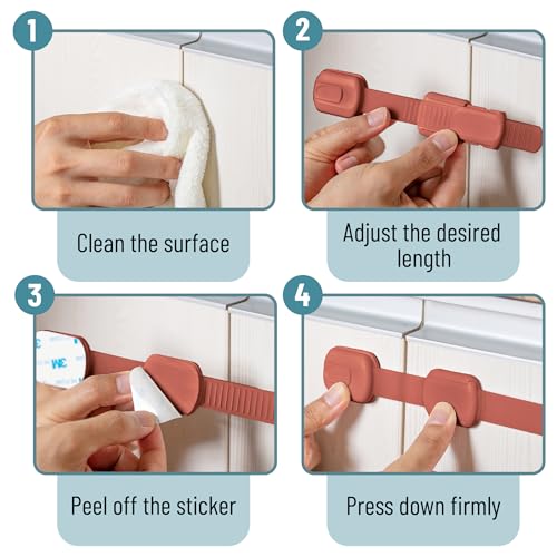 Image of Bate- Child Safety Strap Locks, 6 Pack, Rusty Color, Baby Locks for Cabinets, Drawers, Kitchen, Toilet, Furniture, Fridge, Multi-Purpose, Easy Install with Quick 3M Adhesive for Childproofing