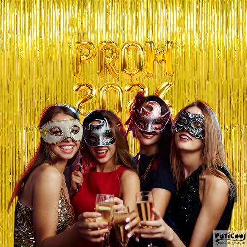 Image of Graduation Decorations Thicken Gold Tinsel Backdrop 2 Pack 3.2 x 8.2 FT, Foil Fringe Curtains for Wall Decor, Gold Streamers for Birthday, Prom, Hollywood, Anniversary Party Decorations