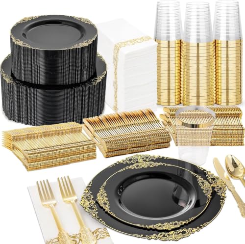 Nervure 350PCS Black Plastic Plates - Black Plastic Dinnerware Sets for 50 Guests - 100 Disposable Plates 150 Gold Silverware 50 Cups 50 Napkins for Wedding & Party & Graduation & Retirement